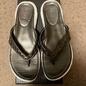 Cute Cole Haan Metallic Pewter sandal.  Style is Keeba thong.  Leather.